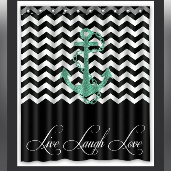 Quotes Live Love Laugh In Black Colorblock Chevron With Anchor Shower Curtain - Picture 1 of 2